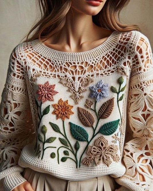 Vintage Crochet Floral Knitted Sweater