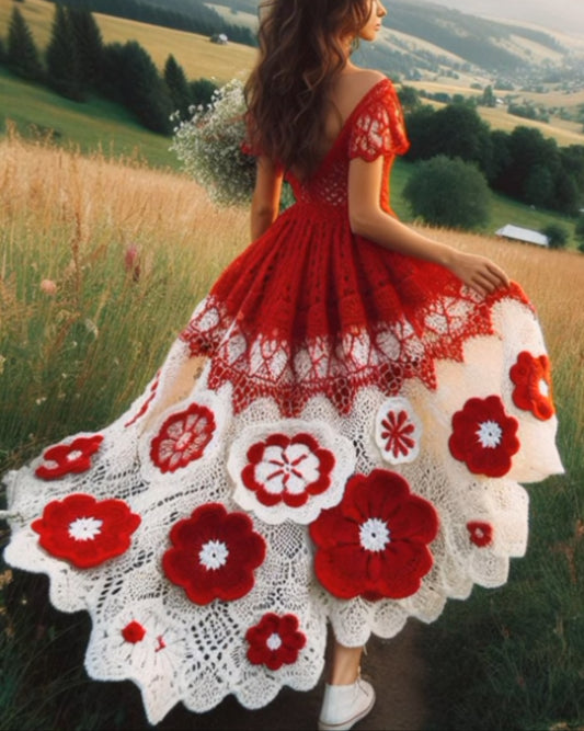 Red Romantic Crochet Floral Knitted Maxi Dress