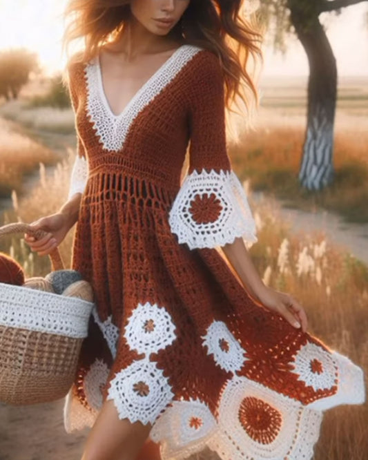 Vintage crochet floral knit dress