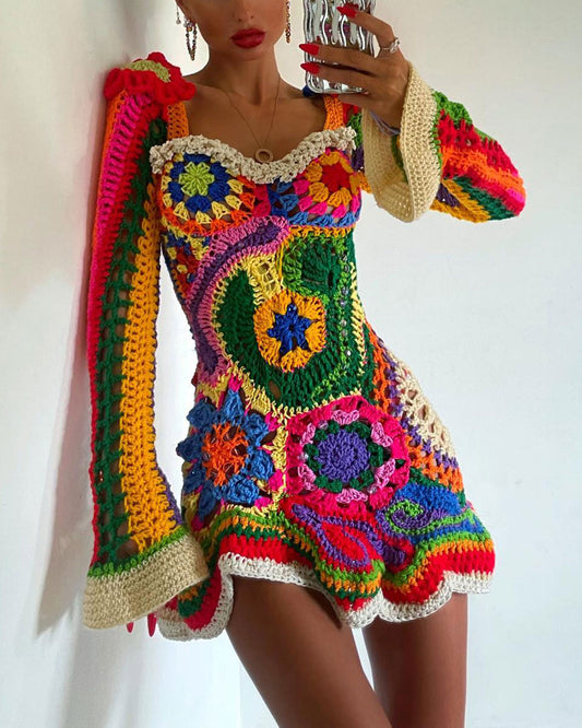 Colorful Crochet Floral Knit Mini Dress