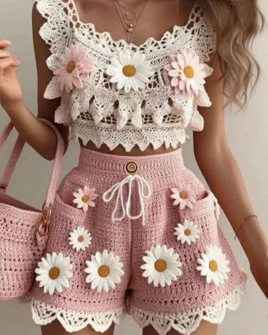 Sweet Crocheted Floral Top and Shorts Two-Piece Set