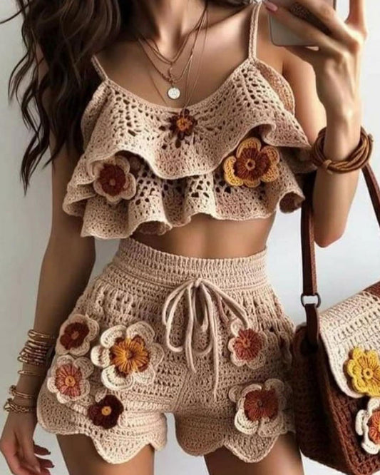 Crocheted Flower Halter Top and Shorts Two-Piece Set