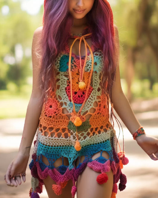 Colorful Crochet Floral Hooded Mini Dress