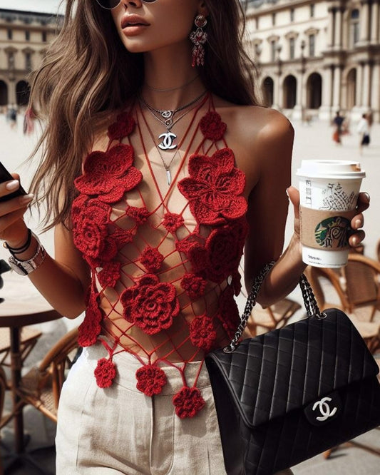 Red Crochet Floral Top