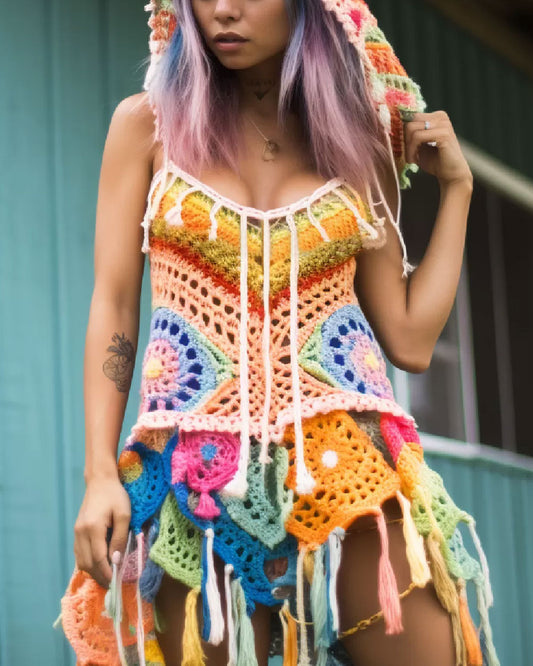 Colorful Crochet Floral Hooded Mini Dress